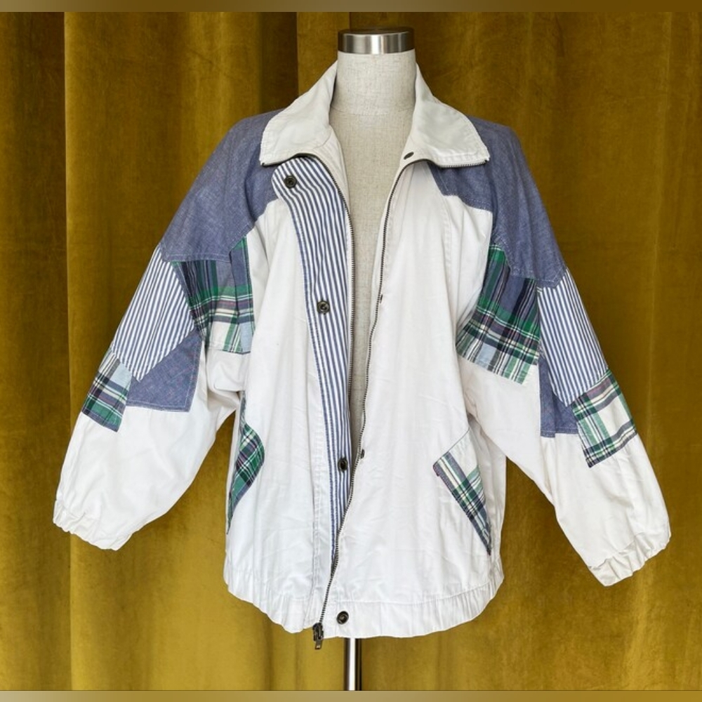 Vintage 80s Patchwork Plaid White Jacket - Picture 2 of 14